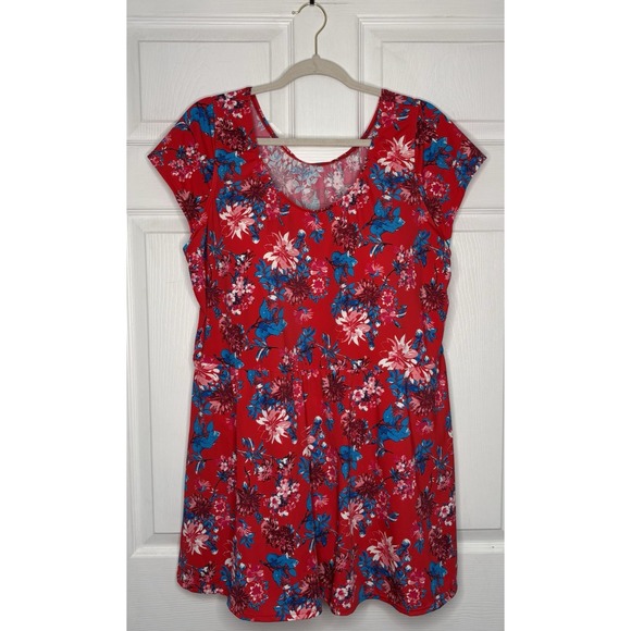 Denim & Co. Womens 24W Beach Scoop Neck Cap Sleeves Swim Dress Red Floral - Picture 1 of 9